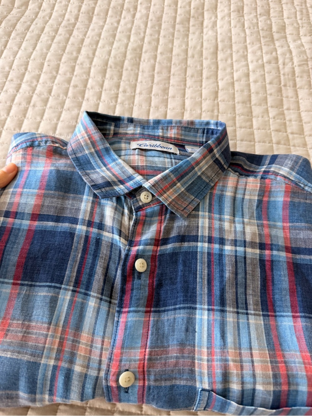 Caribbean Blue and Red Plaid Button-Down Shirt